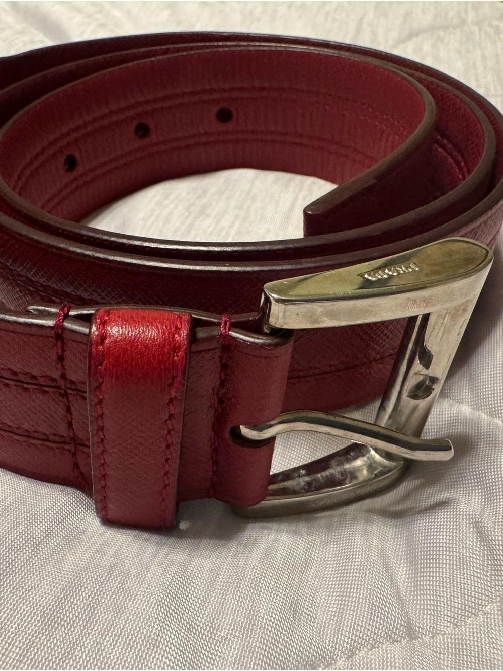 Prada Deep Red Leather Belt with Brushed Silver Buckle